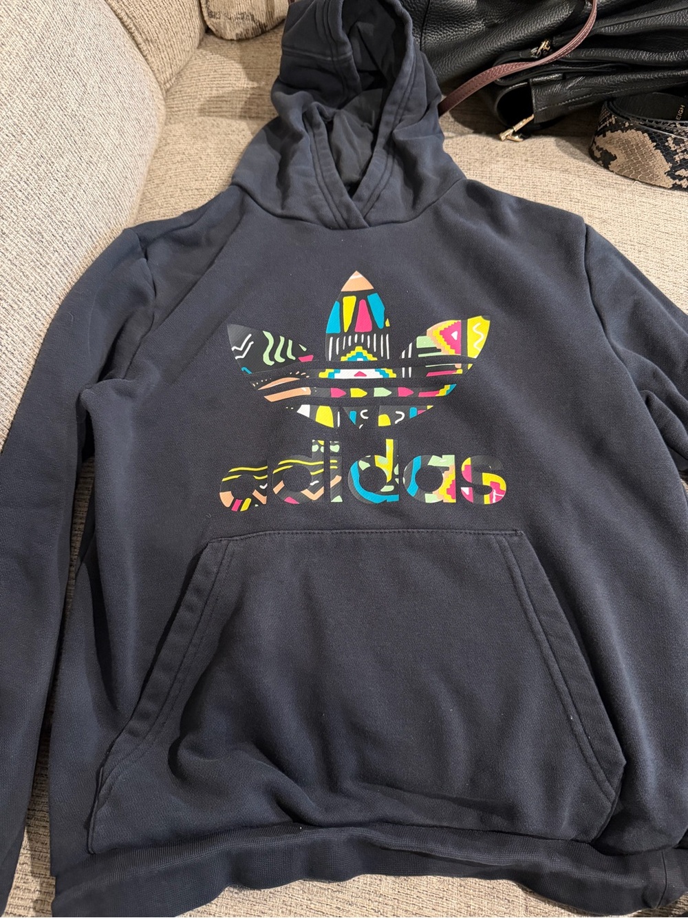 Adidas Hoodie Youth Medium 11-12Y Black Colorful Logo Pullover Sweatshirt